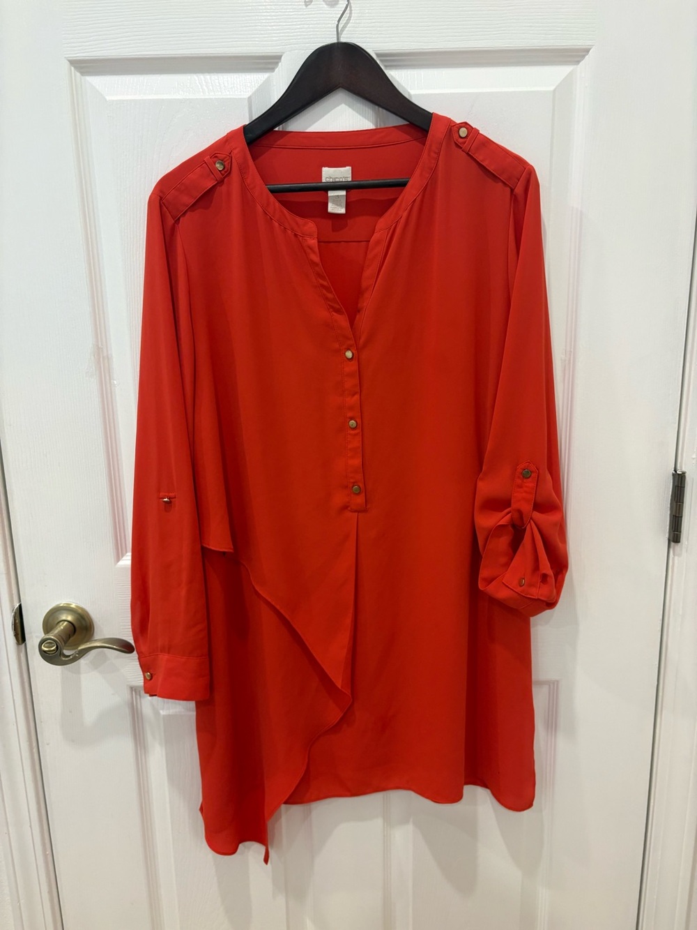 Chico's Coral-Red Asymmetrical Layered Hem Popover Tunic Size 3